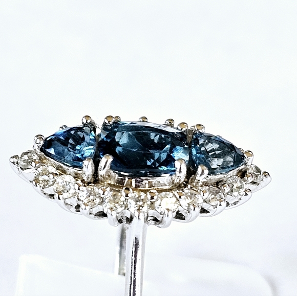Elongated London Blue Topaz & White Zircon Sterling Silver Ring 💍 💙 Sz 7 - Picture 2 of 13